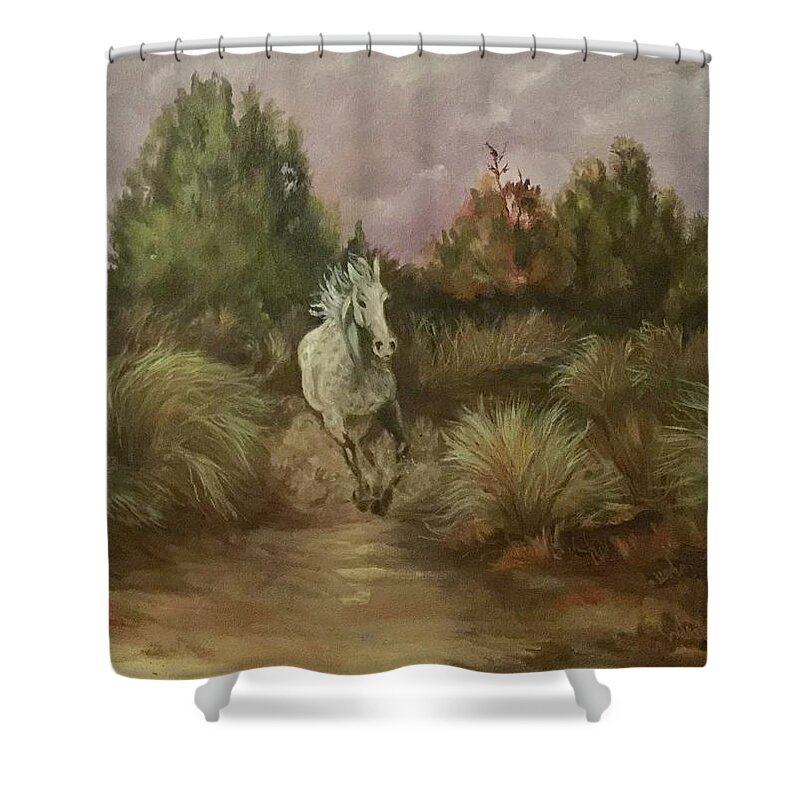 White-spotted Horse Running In The High Desert  Horse Shower Curtain featuring the painting High Desert Runner by Charme Curtin