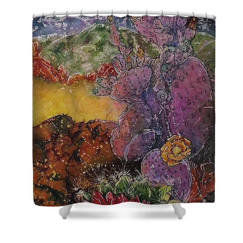 Watercolor Batik Shower Curtain featuring the mixed media High Desert Spring by Carol Losinski Naylor