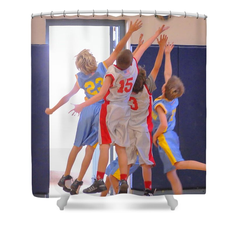 Basketball Shower Curtain featuring the photograph High Fives by Richard Omura