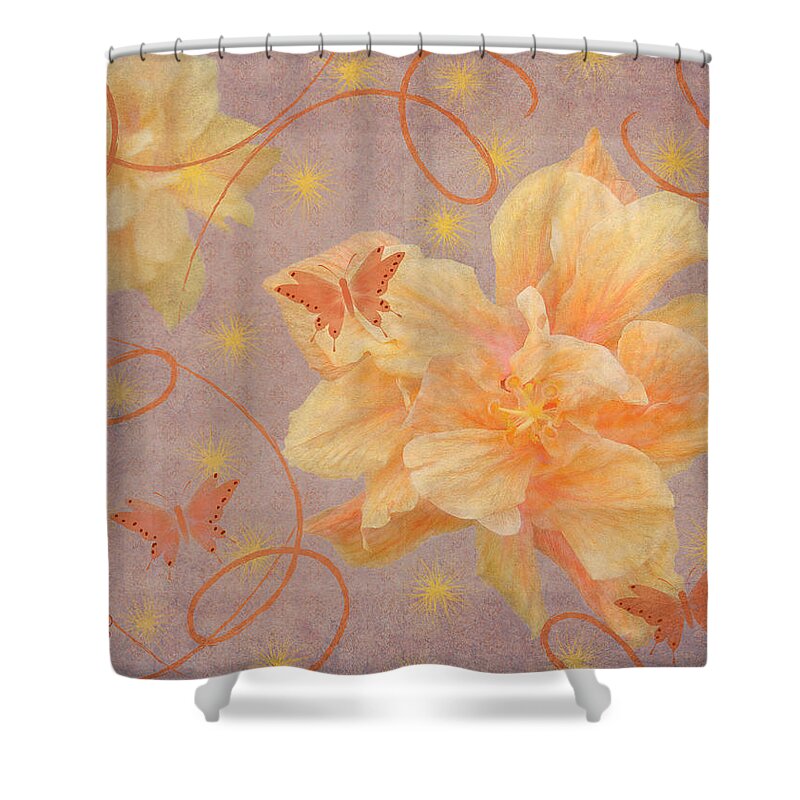 Flower Shower Curtain featuring the mixed media High Flying Hibiscus by Rosalie Scanlon