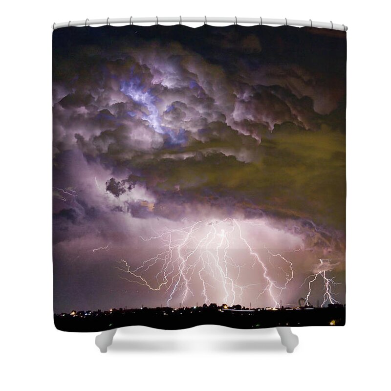 Colorado Lightning Shower Curtain featuring the photograph Highway 52 Storm Cell - Two and half Minutes Lightning Strikes by James BO Insogna