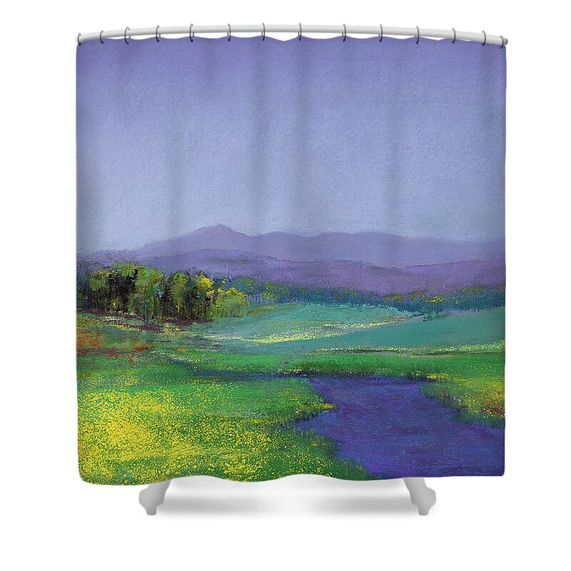 Hills In Bloom Shower Curtain featuring the pastel Hills in Bloom by David Patterson