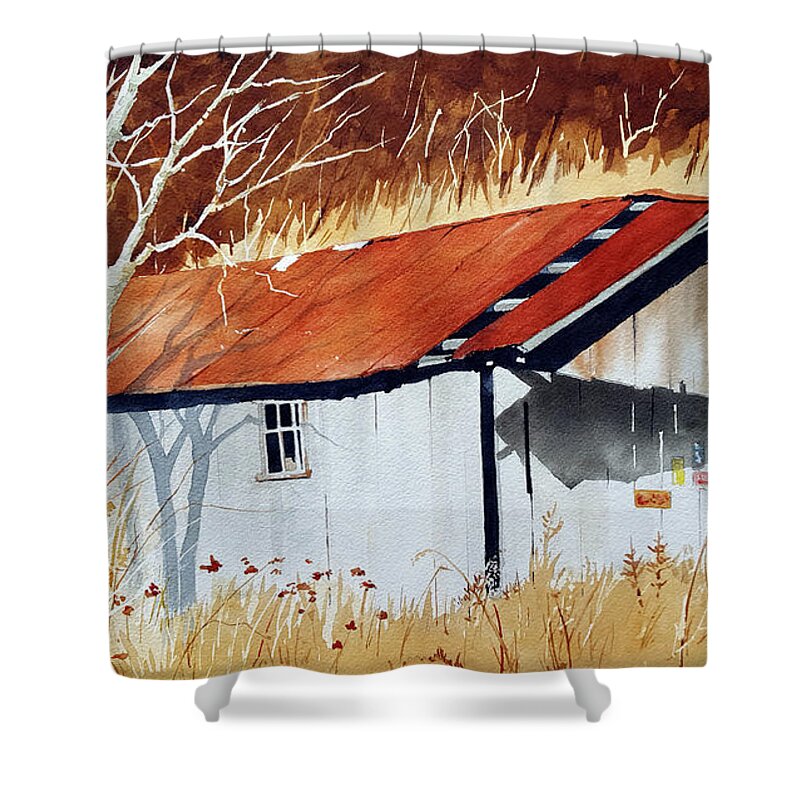Shed Shower Curtain featuring the painting Hillside Shed by Jim Gerkin