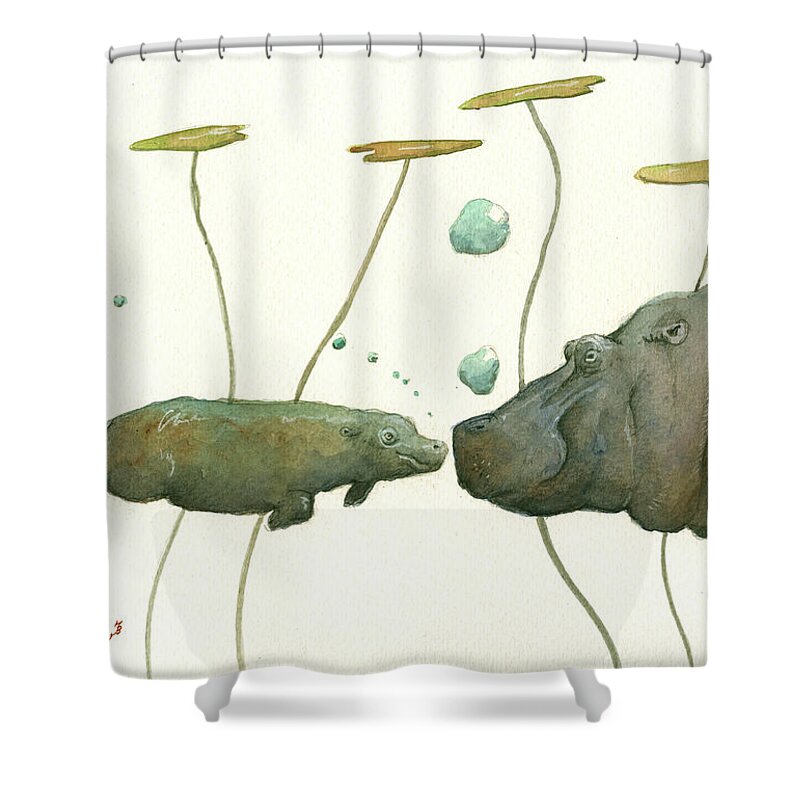 Hippo Shower Curtain featuring the painting Hippo mom with babyv by Juan Bosco