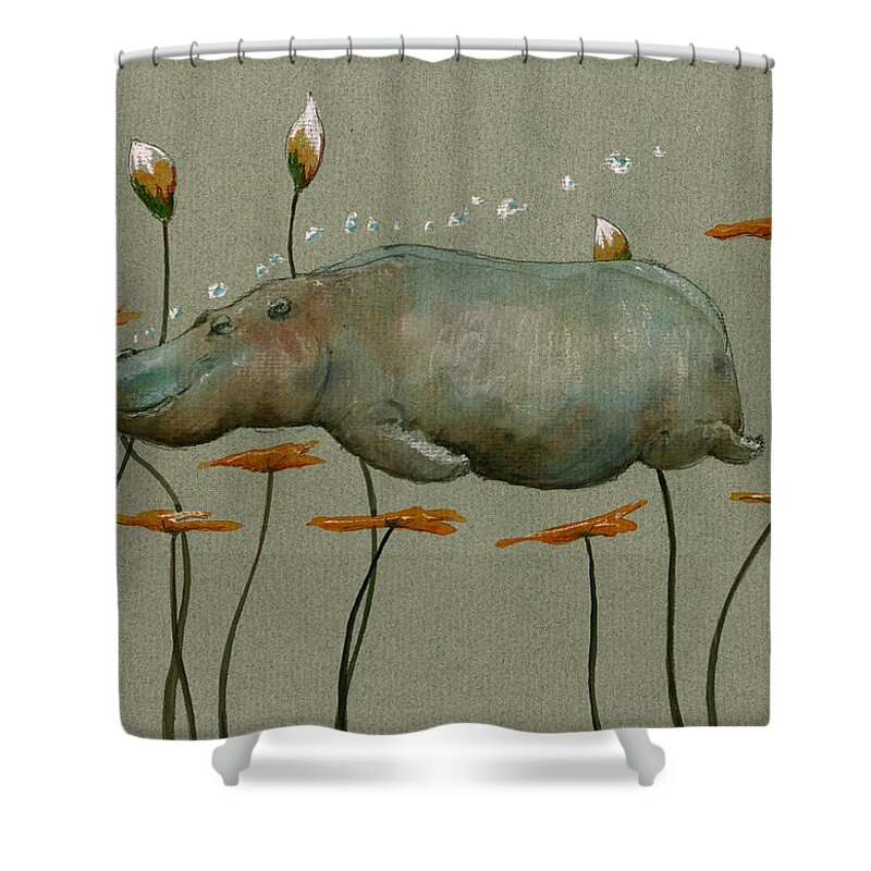 Hippopotamus Art Shower Curtain featuring the painting Hippo underwater by Juan Bosco