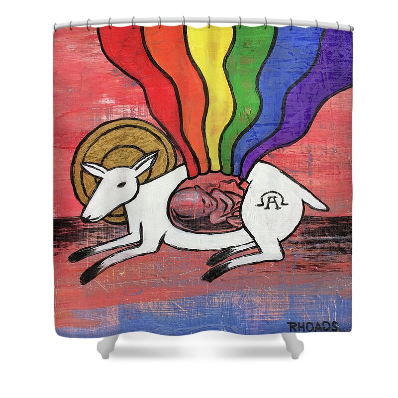 Lamb Shower Curtain featuring the painting His Masterpiece by Nathan Rhoads