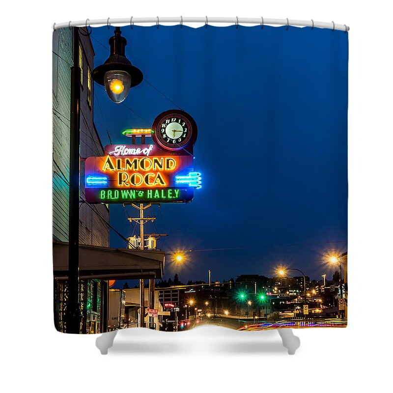 Rob Green Shower Curtain featuring the photograph Historic Almond Roca Co. During Blue Hour by Rob Green