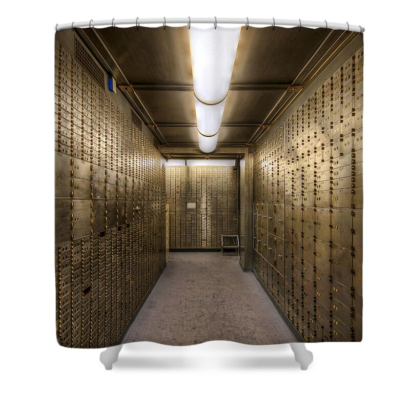 Safe; Deposit; Box; Historic; Bank; Basement; Grunge; Hdr; Monetary; Financial; Institution; Business; Portland; Oregon; United States; Us National Bank; Vault; Locked; Cash; Precious; Valuables; Metals; Personal; Jewelry; Safety; Secured; Shower Curtain featuring the photograph Historic Bank Safe Deposit Box by David Gn