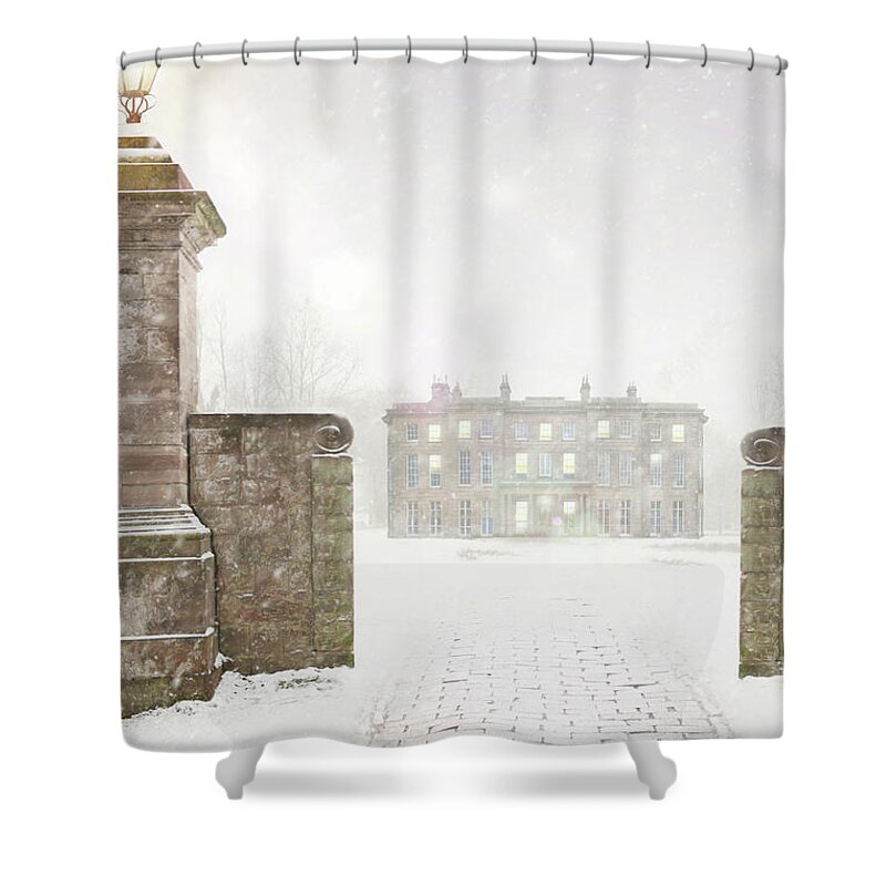 Edwardian Shower Curtain featuring the photograph Historic Mansion House In Snow by Lee Avison