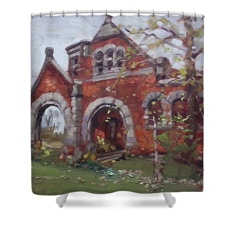 Historic Train Station Shower Curtain featuring the painting Historic Union Street Train Station in Lockport by Ylli Haruni