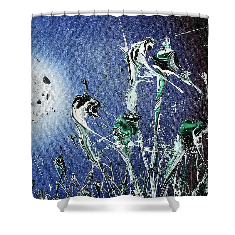 Moon Shower Curtain featuring the painting Hitching a Ride on an Unrelenting Spark by Ric Bascobert