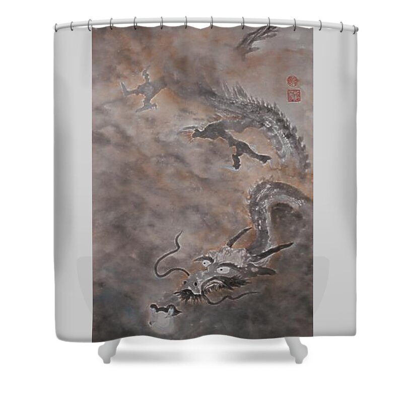 Japanese Shower Curtain featuring the painting Hitofuki the Dragon by Terri Harris