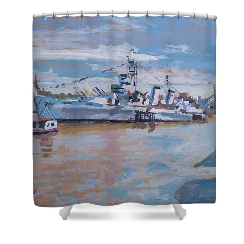 England Shower Curtain featuring the painting HMS Belfast shows off in the sun by Nop Briex