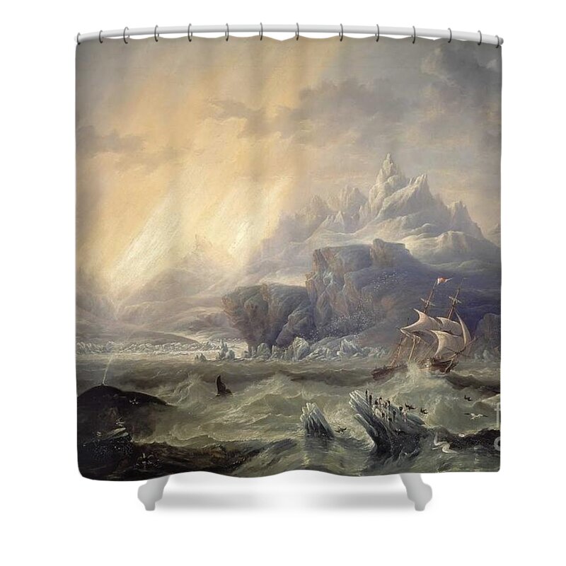 John Wilson Carmichael - Hms Erebus And Terror In The Antarctic 1847 Shower Curtain featuring the painting HMS Erebus and Terror in the Antarctic by MotionAge Designs