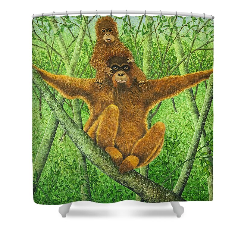 Orangutan Shower Curtain featuring the painting Hnag On In There by Pat Scott