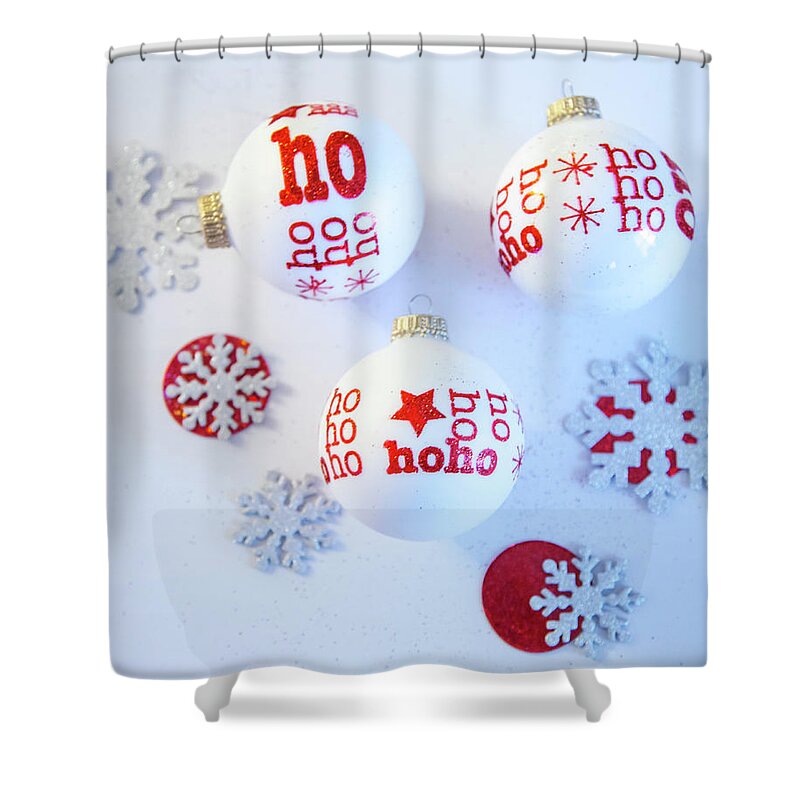 Christmas Shower Curtain featuring the photograph Ho Ho Ho Ornaments by Toni Hopper