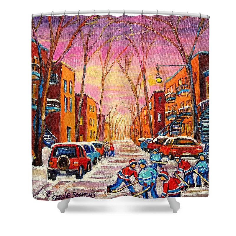 Hockey Shower Curtain featuring the painting Hockey On Hotel De Ville Street by Carole Spandau