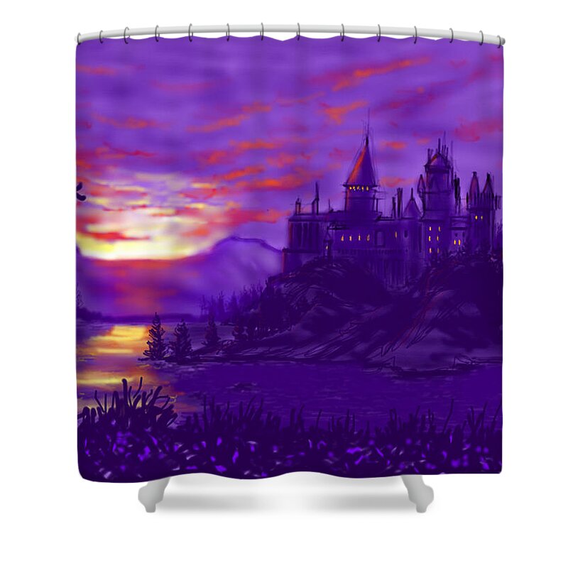 Ipad Art Shower Curtain featuring the painting Hogwarts in Purple by Glenn Marshall