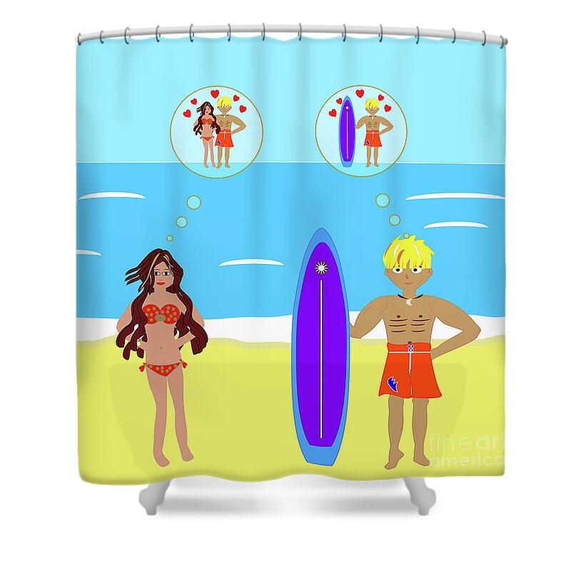 Surfer Shower Curtain featuring the digital art Surfer and Girl Romance on the Beach by Barefoot Bodeez Art