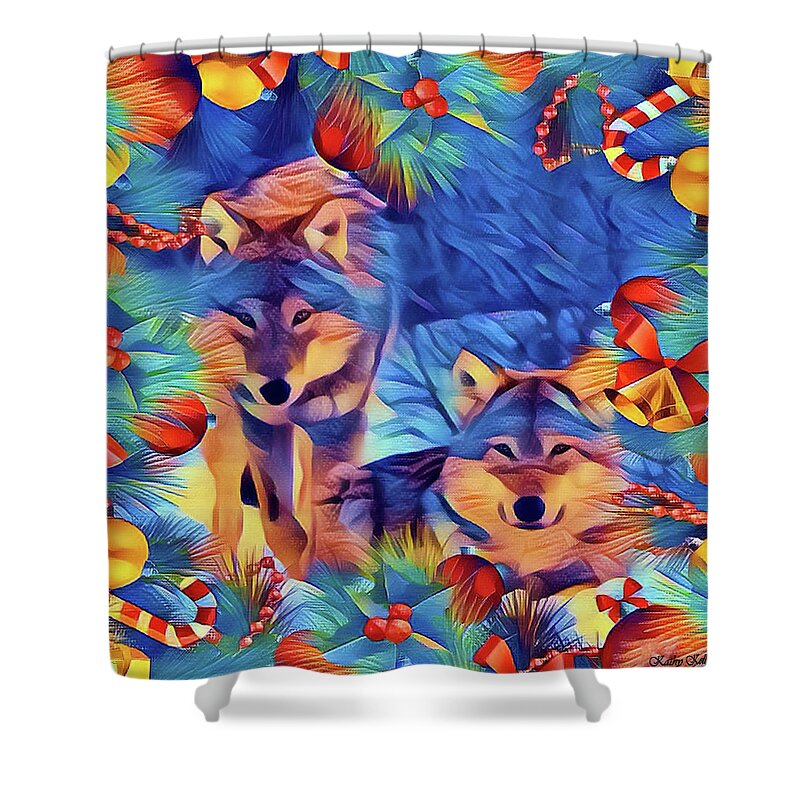 Wolves Shower Curtain featuring the digital art Holiday Wolves by Kathy Kelly