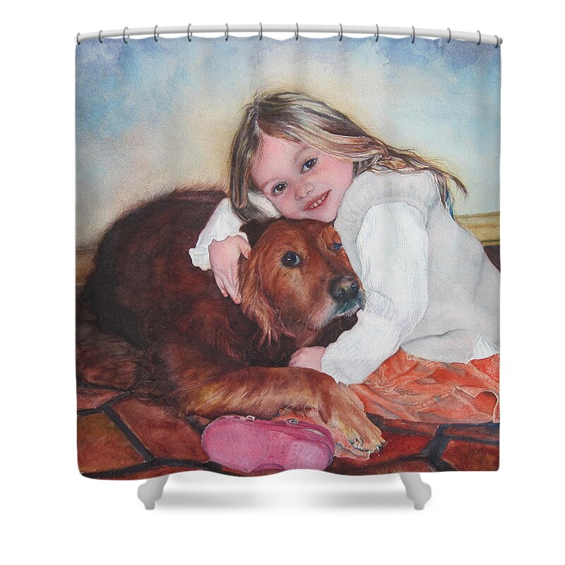 Watercolor Portrait Shower Curtain featuring the painting Hollis and Hannah - cropped version by Mary Beglau Wykes