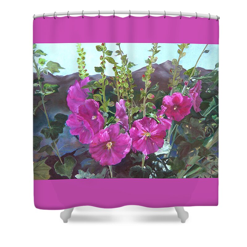 Hollyhocks Shower Curtain featuring the painting Hollyhock Necklace by Nila Jane Autry