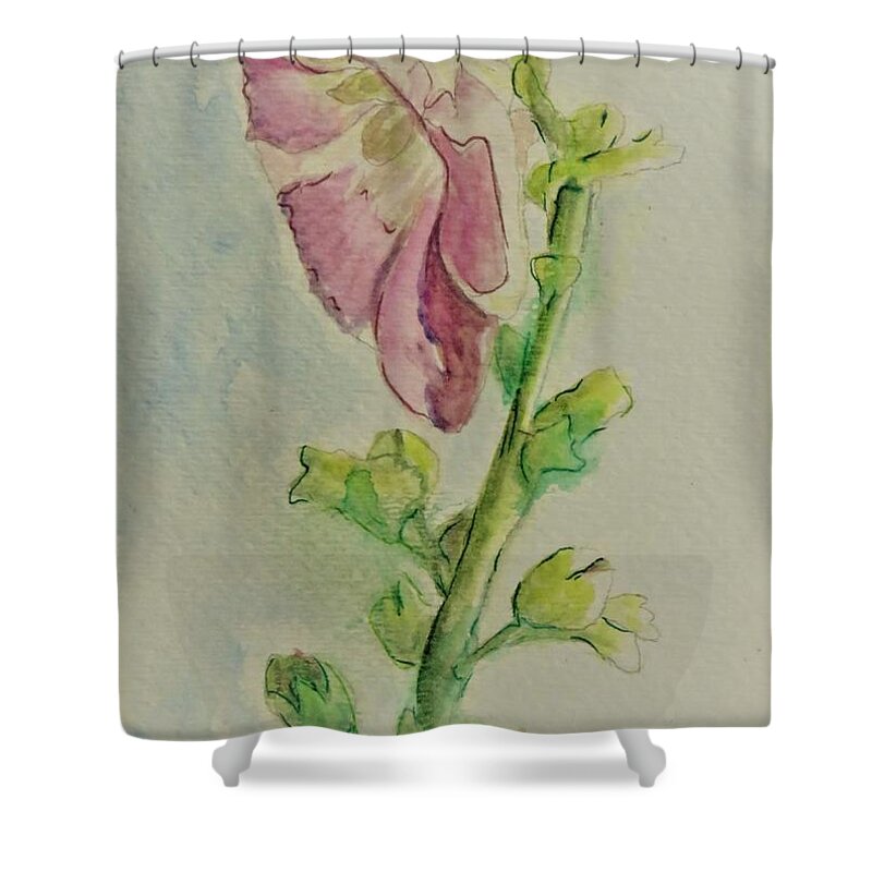 Hollyhock Shower Curtain featuring the painting Hollyhock the Harbinger of Summer by Laurie Morgan