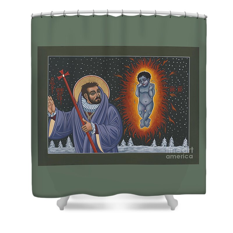 Holy Poet-martyr St Robert Southwell And The Burning Babe Shower Curtain featuring the painting Holy Poet-Martyr St Robert Southwell and the Burning Babe 199 by William Hart McNichols