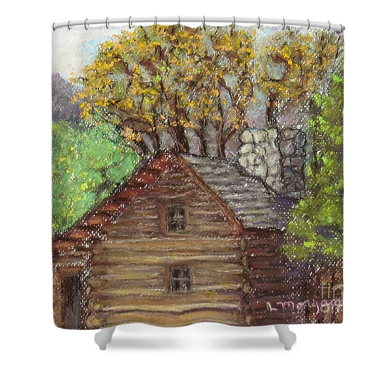 Log Shower Curtain featuring the painting Homestead by Laurie Morgan