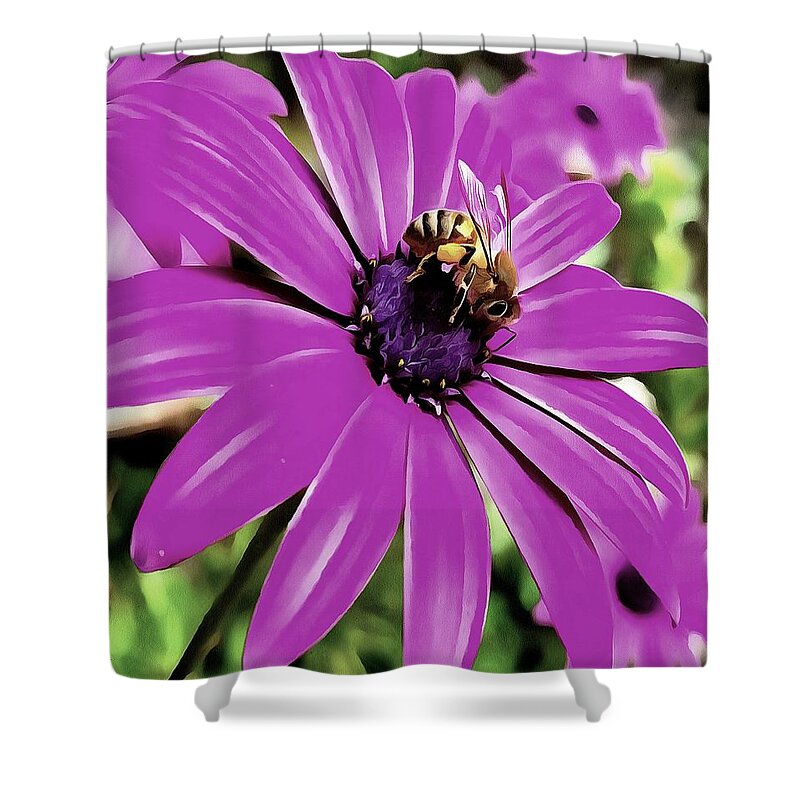 Bee Shower Curtain featuring the painting Honey Bee On A Spring Flower by Taiche Acrylic Art