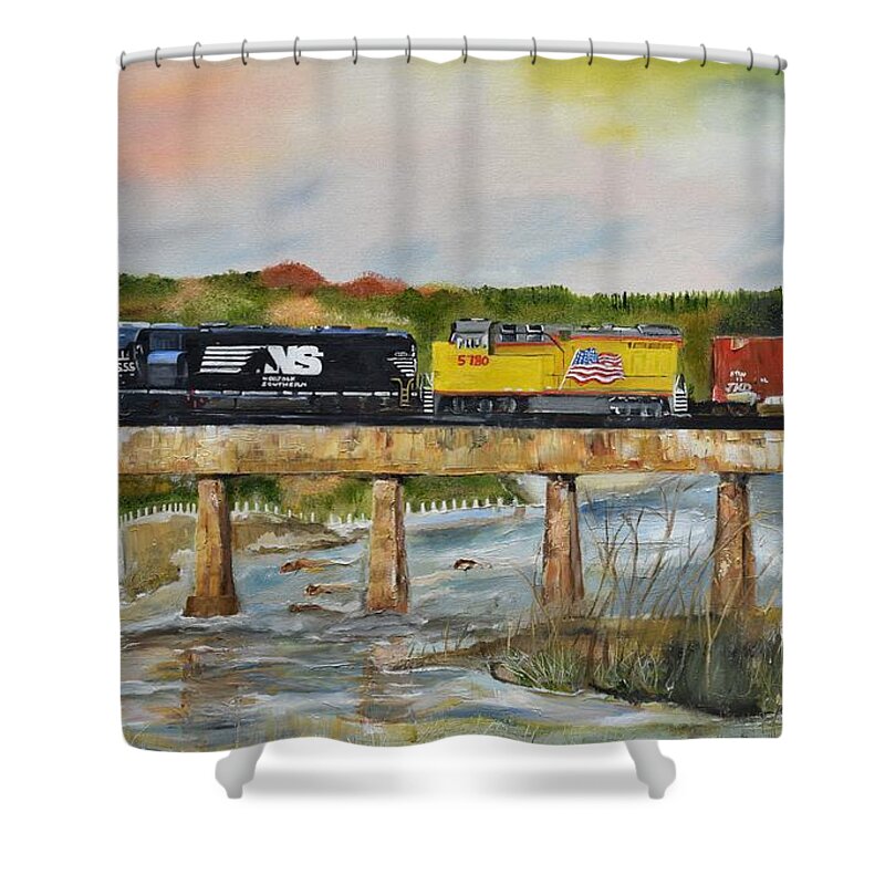 Norfolk Southern Shower Curtain featuring the painting Hooch - Chattahoochee River - Columbus GA by Jan Dappen