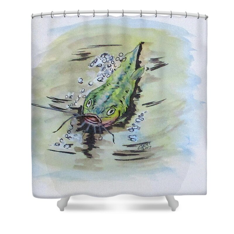 Catfish Shower Curtain featuring the painting Hooked Catfish by Clyde J Kell