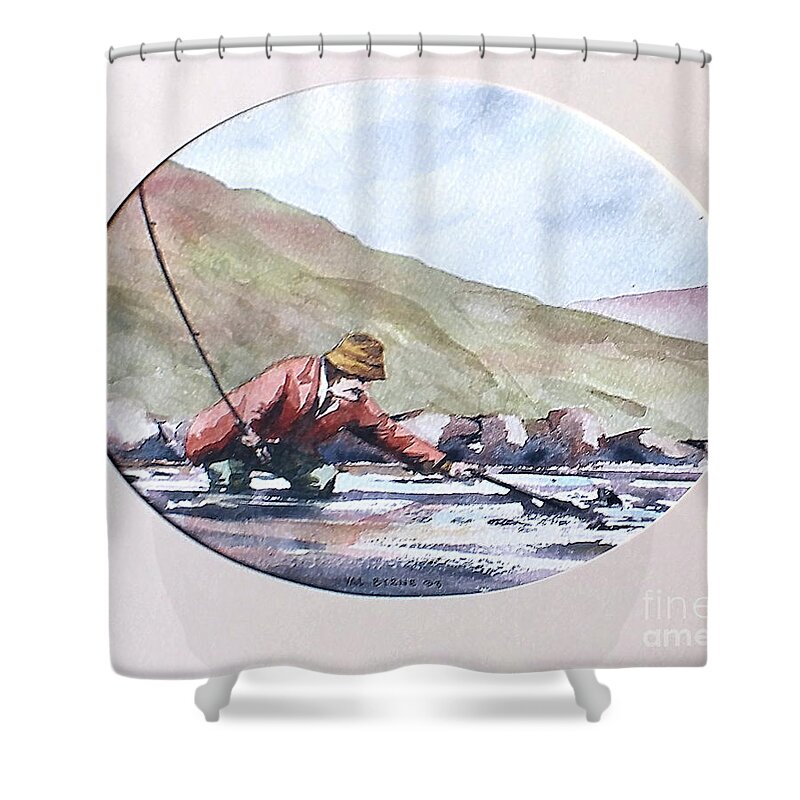  Shower Curtain featuring the painting Hooked on the Errif, Mayo by Val Byrne