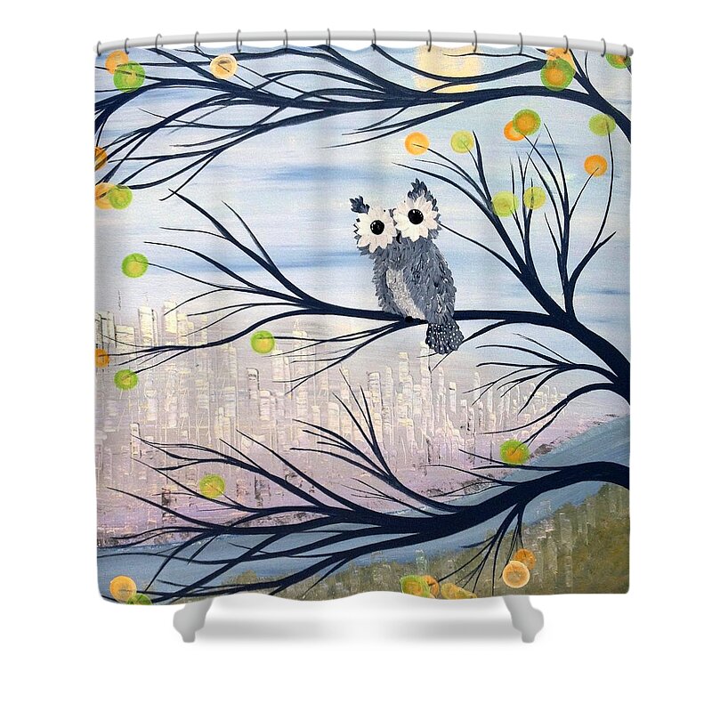 Owl Shower Curtain featuring the painting Hoos City by MiMi Stirn