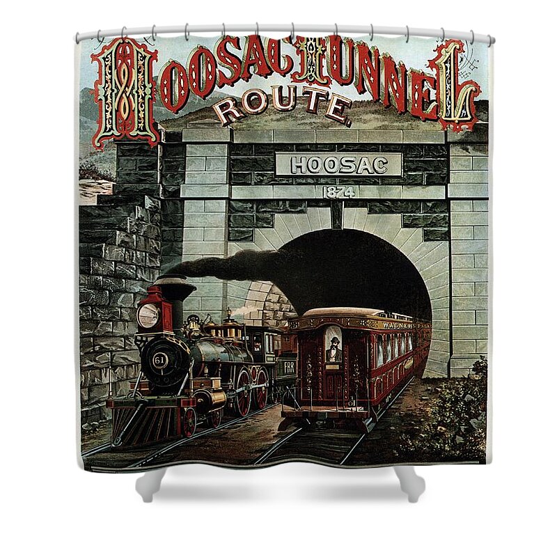 Hoosac Tunnel Route Shower Curtain featuring the painting Hoosac Tunnel Route - Vintage Steam Locomotive - Advertising Poster by Studio Grafiikka
