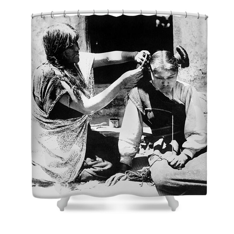 1909 Shower Curtain featuring the photograph HOPI HAIR DRESSER, c1909 by Granger