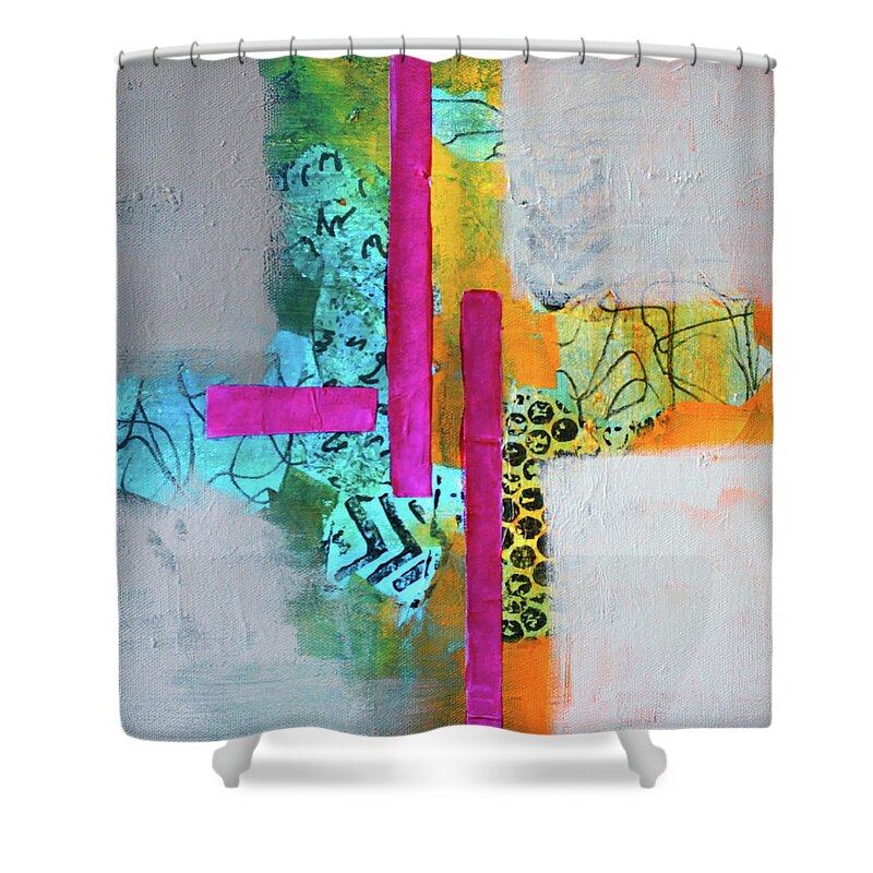 Large Mixed Media Collage Shower Curtain featuring the mixed media Hopscotch by Nancy Merkle