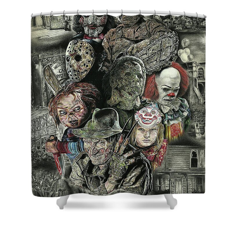 Fear Shower Curtain featuring the drawing Horror Movie Murderers by Daniel Ayala