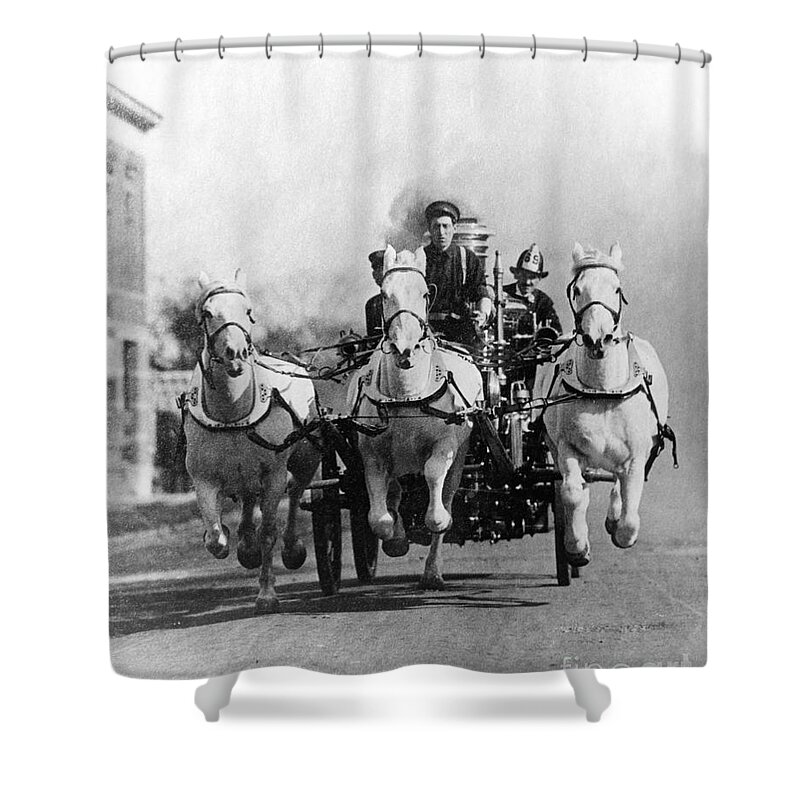 1890s Shower Curtain featuring the photograph Horse-drawn Fire Truck, C. 1890s-1900s by H. Armstrong Roberts/ClassicStock