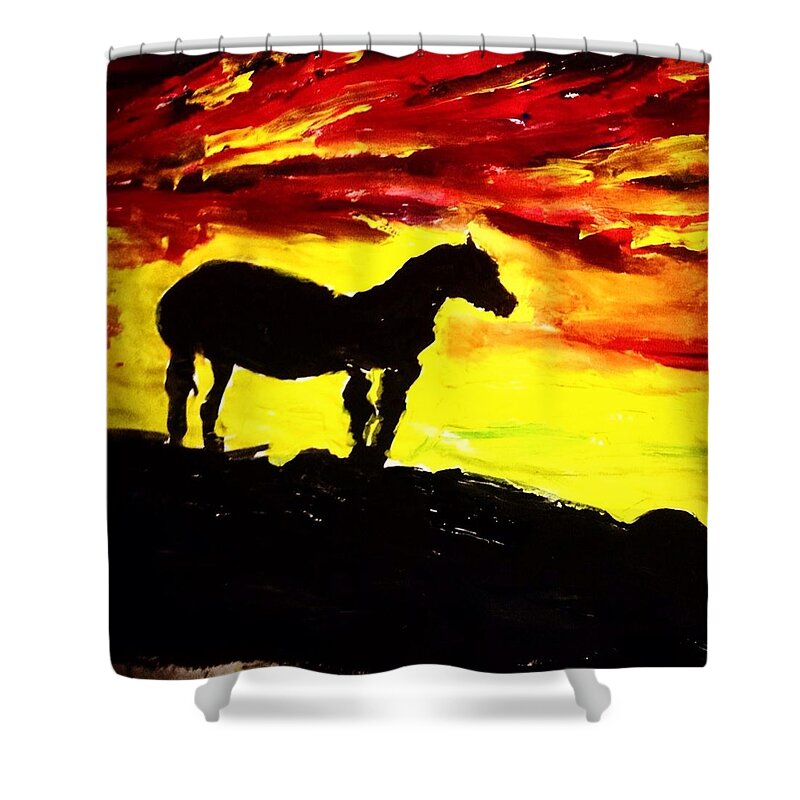 Sunset Shower Curtain featuring the painting Horse Rider in the Sunset by Love Art Wonders By God