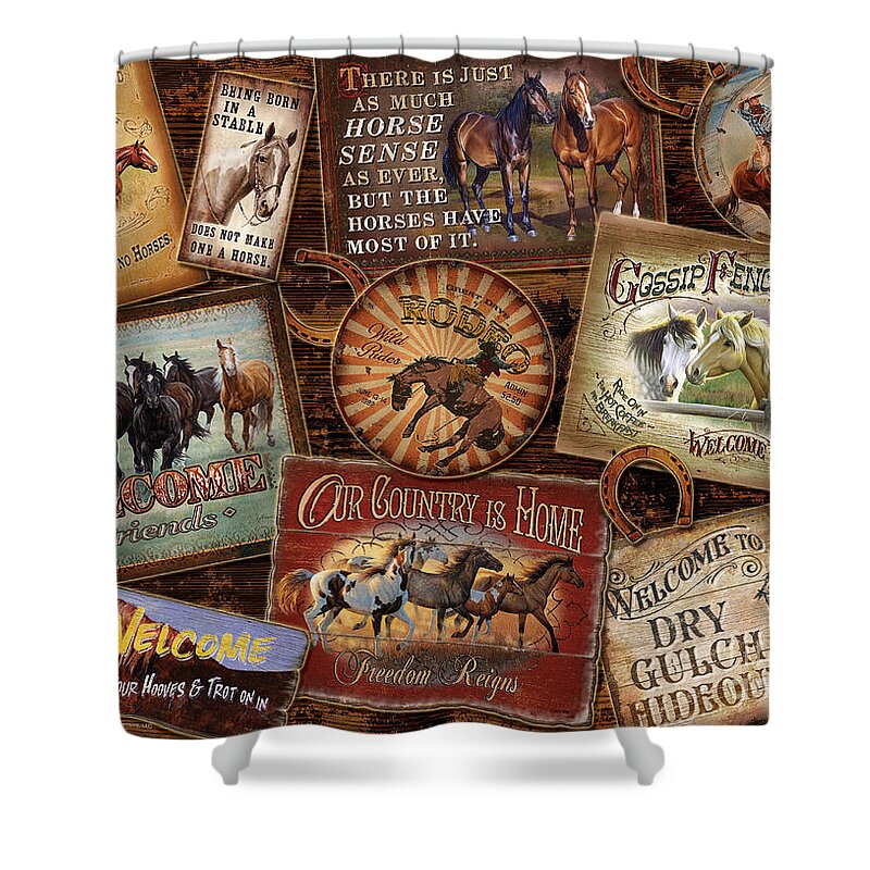 Cynthie Fisher Shower Curtain featuring the painting Horse sign collage by JQ Licensing