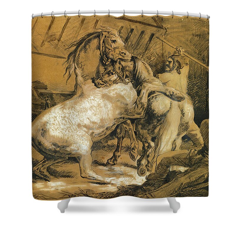 Theodore Gericault Shower Curtain featuring the drawing Horses Fighting in a Stable by Theodore Gericault