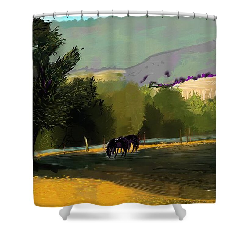 Agriculture Shower Curtain featuring the digital art Horses in field by Debra Baldwin