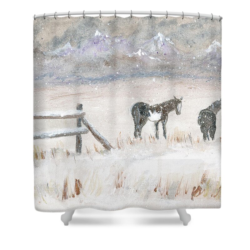 Horses Shower Curtain featuring the painting Horses in Snow by Sheila Johns