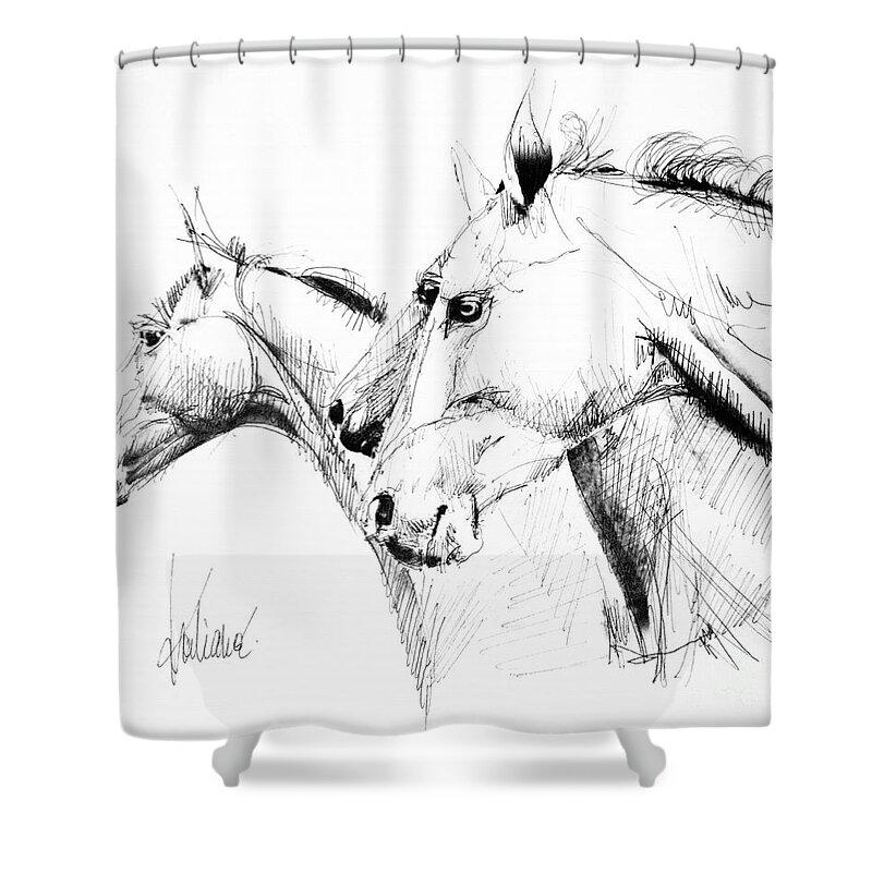 Horses Shower Curtain featuring the drawing Horses - ink drawing by Daliana Pacuraru