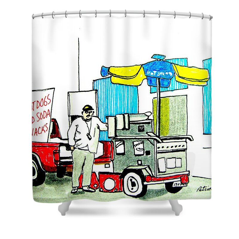 Asbury Art Shower Curtain featuring the drawing Hot Dog Guy of Asbury Park by Patricia Arroyo