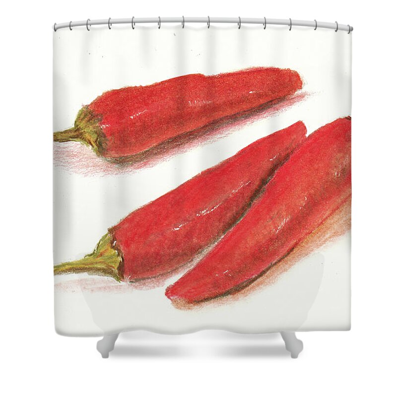 Hot Peppers Shower Curtain featuring the drawing Hot Peppers by Barry Jones