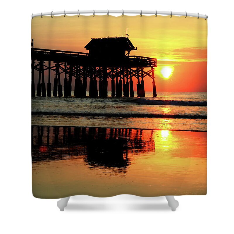 Cocoa Beach Pier Shower Curtain featuring the photograph Hot Sunrise Over Cocoa Beach Pier by Carol Montoya