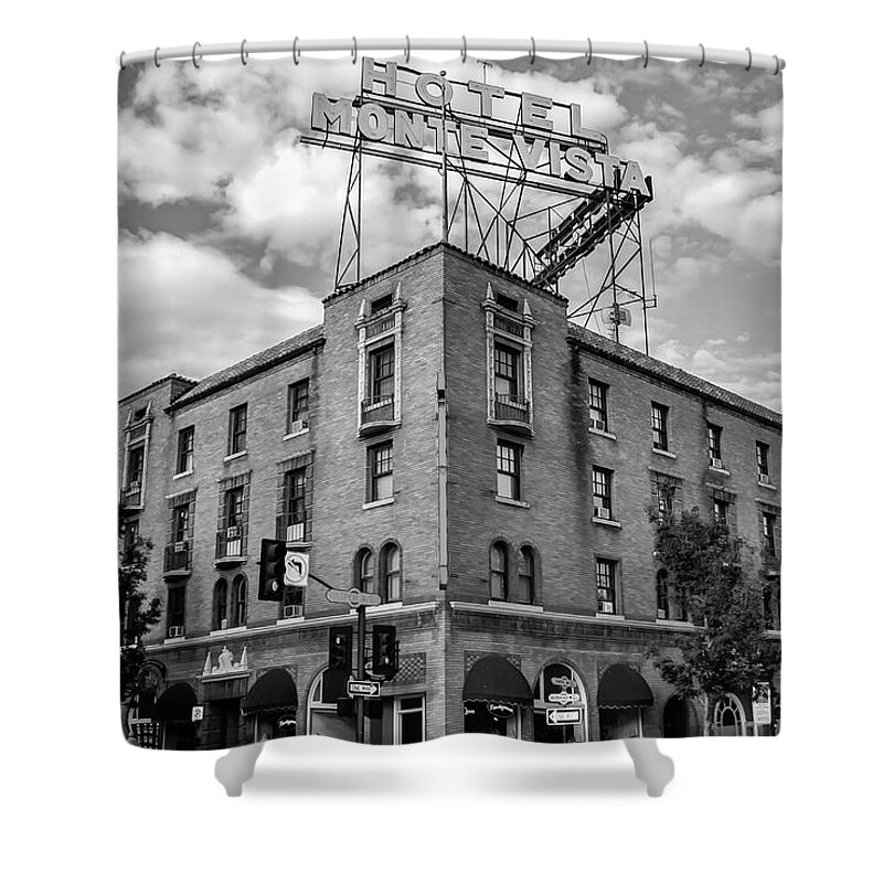 America Shower Curtain featuring the photograph Hotel Monte Vista - Flagstaff - Arizona - Black and White by Gregory Ballos