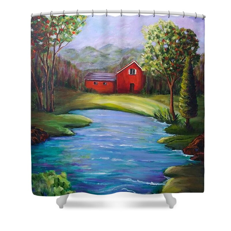 Landscape Shower Curtain featuring the painting House by the Lake by Rosie Sherman